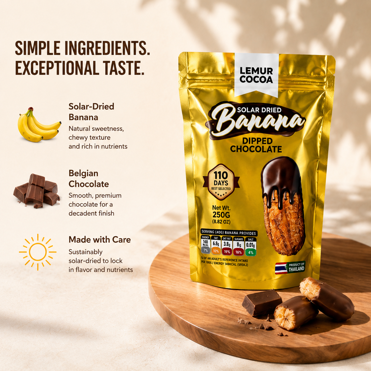 Premium Solar Dried Banana Dipped in Belgian Chocolate by Lemur Cocoa | Dried Fruit Snack Pack of 10 Sachets 250g | Dark Chocolate Snack - Image 3