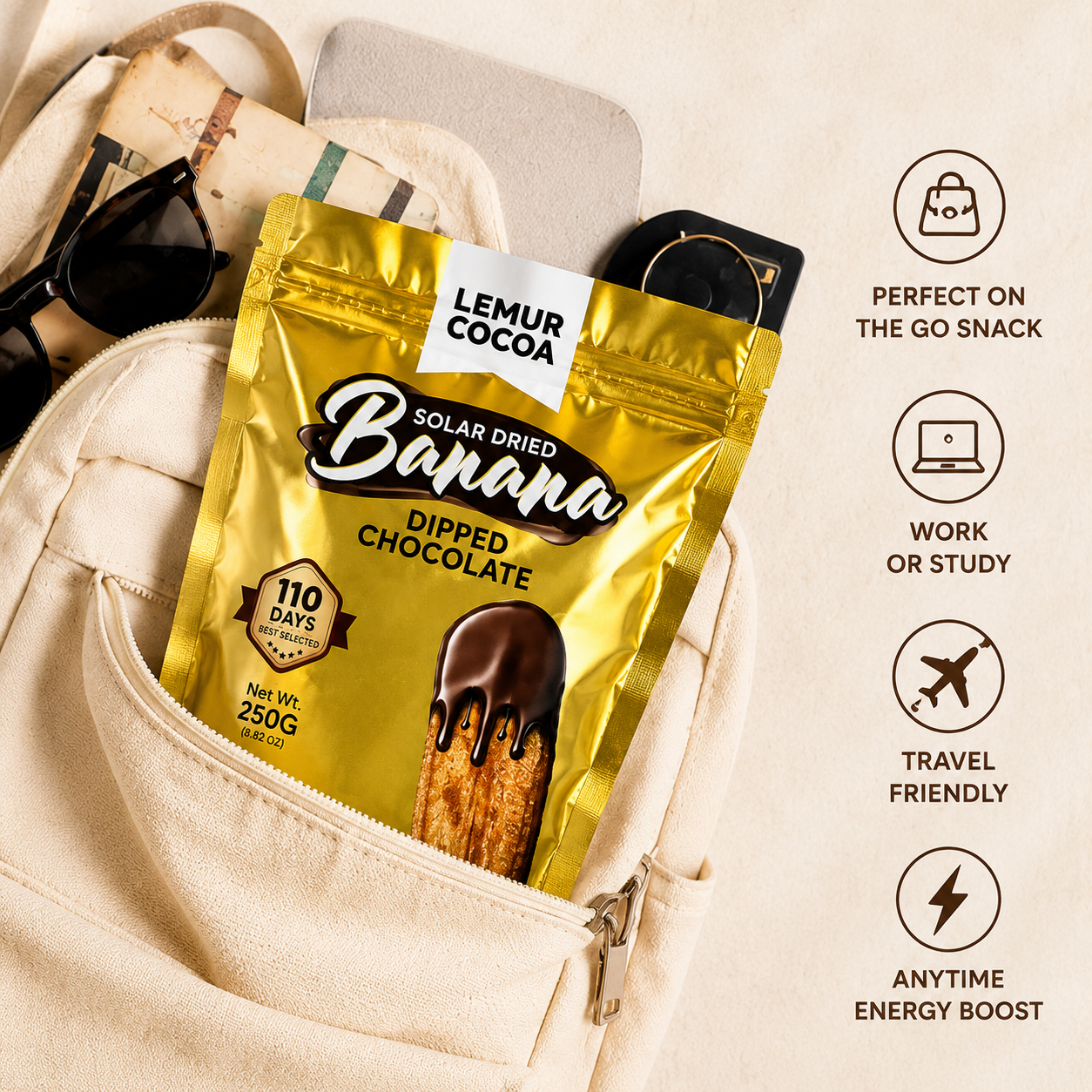 Premium Solar Dried Banana Dipped in Belgian Chocolate by Lemur Cocoa | Dried Fruit Snack Pack of 10 Sachets 250g | Dark Chocolate Snack - Image 4
