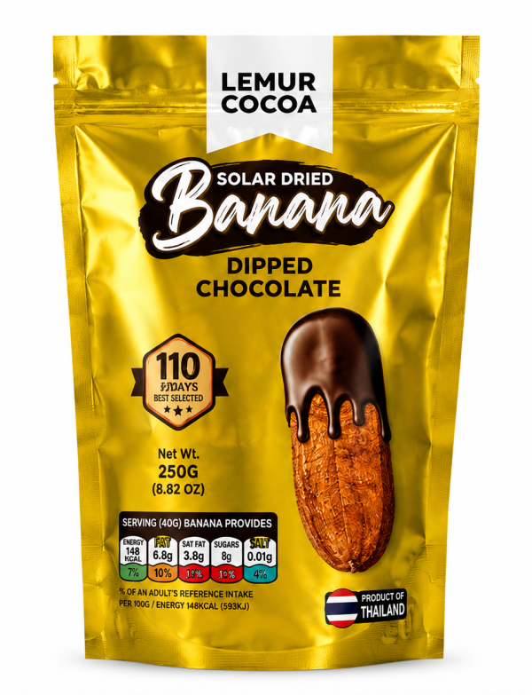 Premium Solar Dried Banana Dipped in Belgian Chocolate by Lemur Cocoa | Dried Fruit Snack Pack of 10 Sachets 250g | Dark Chocolate Snack