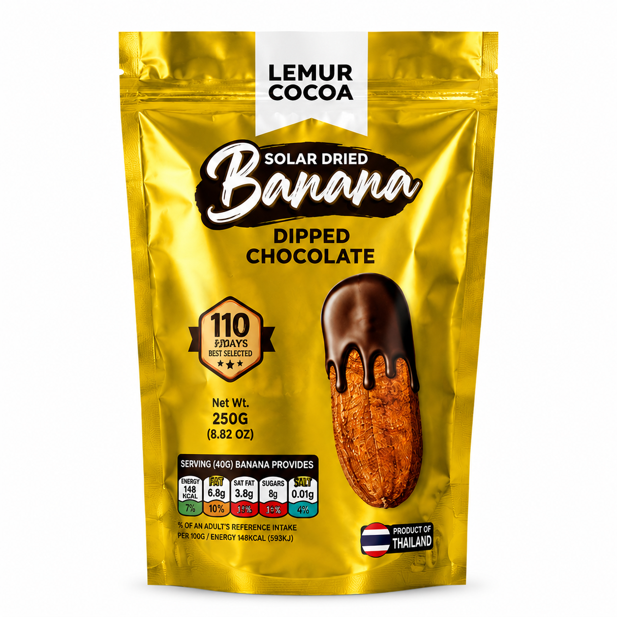 Premium Solar Dried Banana Dipped in Belgian Chocolate by Lemur Cocoa | Dried Fruit Snack Pack of 10 Sachets 250g | Dark Chocolate Snack